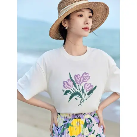 茵曼法式文艺休闲T恤2023夏女装新款圆领晕染立体牙刷绣印花上衣图片
