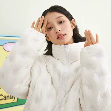 茵曼休闲女2023冬季新款宽松面包服保暖防风毛领白鸭绒短款羽绒服图片