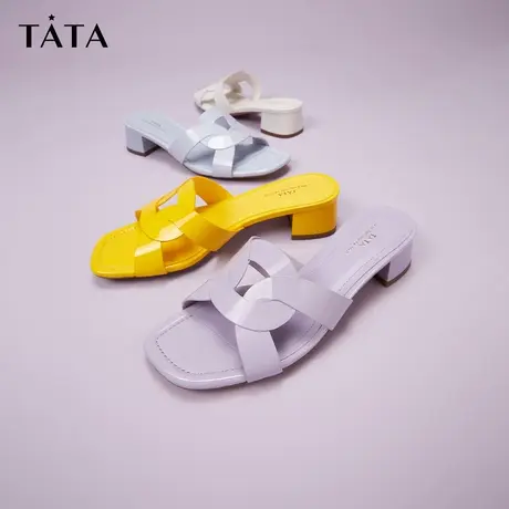 Tata他她优雅方头拖鞋女外穿粗跟休闲凉拖鞋2022夏季新款7UM09BT2商品大图
