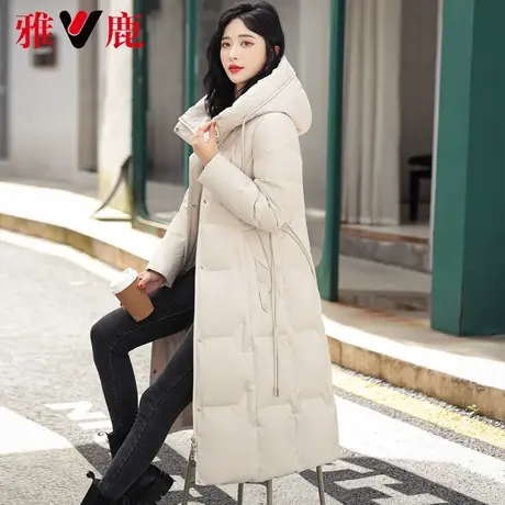 雅鹿白色连帽羽绒服女中长款2022冬季新款休闲宽松面包服保暖外套商品大图