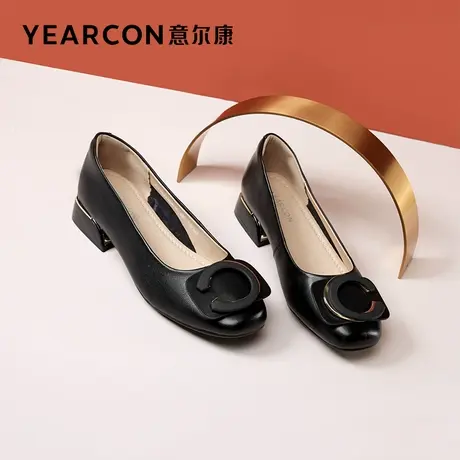 意尔康女鞋2023春季新款真皮低跟方头小皮鞋女职业工作鞋粗跟单鞋商品大图