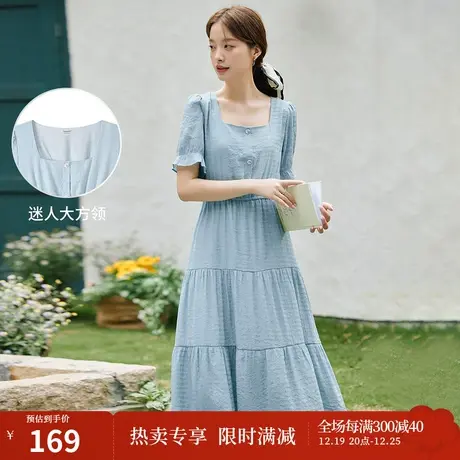 茵曼2023年夏季新款女装方领花边短袖连衣裙图片