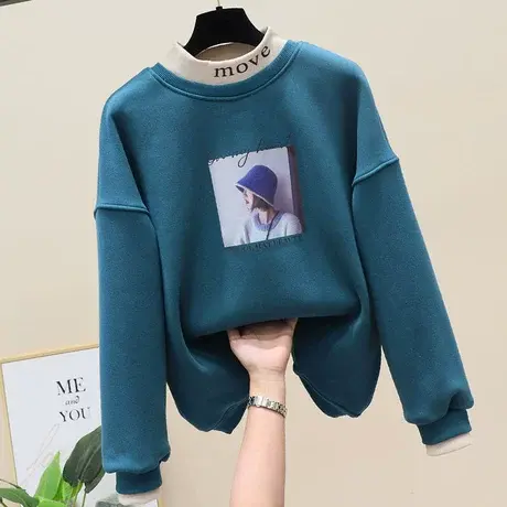 加绒卫衣女宽松韩版秋冬2023年新款半高领加厚假两件女上衣潮ins商品大图