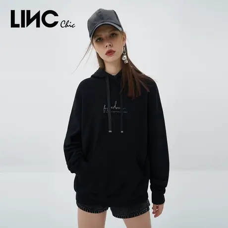 LINC金羽杰卫衣2023秋季新款简约质感LOGO刺绣中长款宽松连帽卫衣商品大图