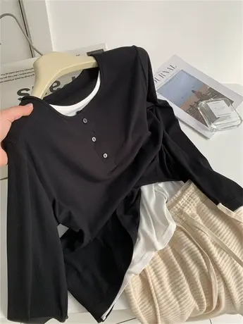 秋季新款小排扣纯色显瘦长袖圆领假两件T恤女宽松休闲百搭打底衫图片