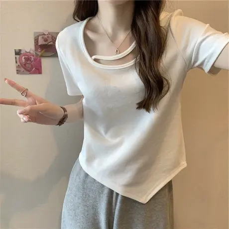 短袖正肩t恤女夏法式锁骨设计感小众独特显瘦不规则别致短款上衣商品大图