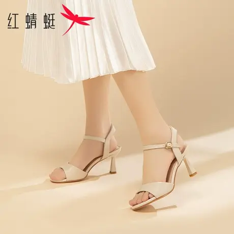 红蜻蜓凉鞋2025夏季新款一字带真皮女士高跟鞋细跟女鞋配裙子鞋子图片