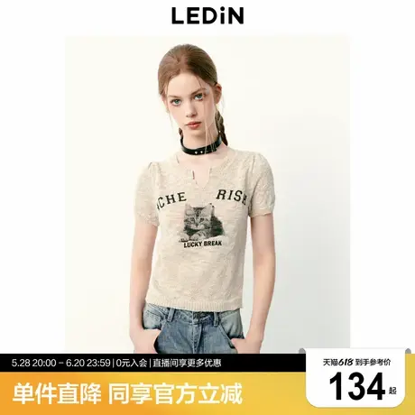 乐町可爱猫咪短袖夏季新款花纱针织上衣甜酷风圆领短袖套衫商品大图