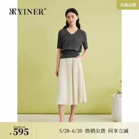 YINER音儿专选夏季法式V领竖条纹收腰针织衫松弛感上衣商品大图