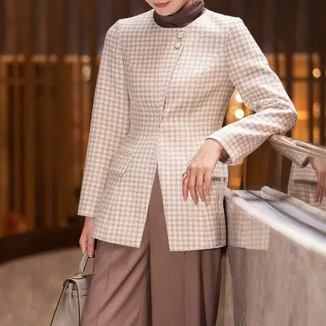 2025年春季新款中长款千鸟格外套女圆领修身显瘦复古优雅格子上衣商品大图