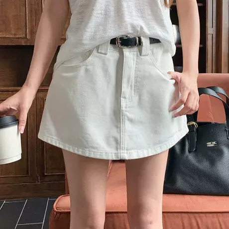 尔给夏季白色a字短款半身裙女miu系显瘦高腰百搭复古时尚包臀裙裤图片