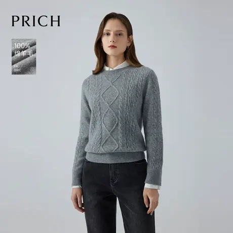 【100%绵羊毛】PRICH复古绞花针织衫2024冬季新款修身显瘦上衣女商品大图