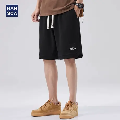 hansca美式潮牌刺绣休闲短裤男夏季新款直筒宽松黑色运动五分卫裤图片