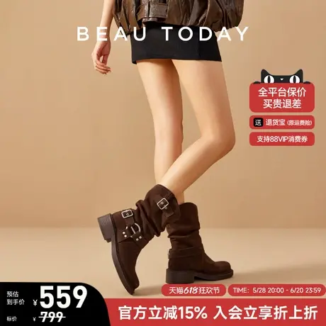 BeauToday流浪者之歌西部牛仔靴女真皮新款复古堆堆靴中筒骑士靴图片