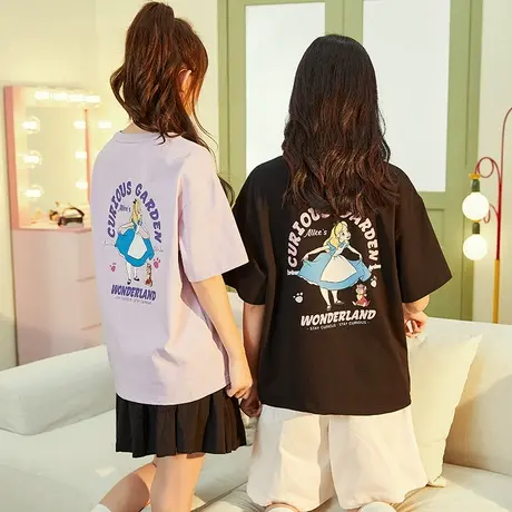 唐狮夏季短袖T恤女新款印花半袖上衣设计感小众宽松体恤衫商品大图
