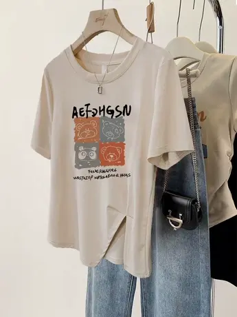 短袖T恤女胖mm显瘦不规则开叉下摆ins潮美式甜辣风纯棉印花上衣夏商品大图