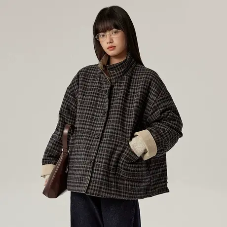 【1/6 20点新品9折】omont蛋挞家复古立领双面穿保暖格纹棉服棉衣图片