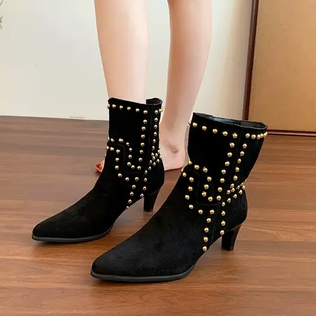 法式尖头短靴子女2025新款秋季气质百搭细跟短筒靴显瘦增高瘦瘦靴商品大图