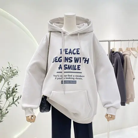 美式复古字母加绒连帽卫衣女宽松大版oversize加厚颗粒绒外套上衣图片