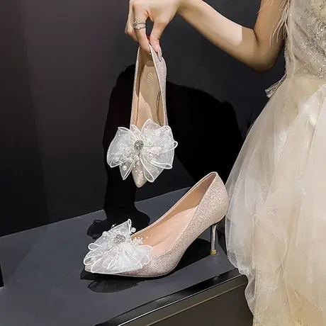 法式高跟鞋2023年春秋季新款水钻蝴蝶结气质仙女鞋细跟新娘伴娘鞋商品大图