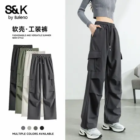 班尼路S&K系列黑色软壳工装裤女秋季新款高腰显瘦休闲百搭直筒裤Q商品大图