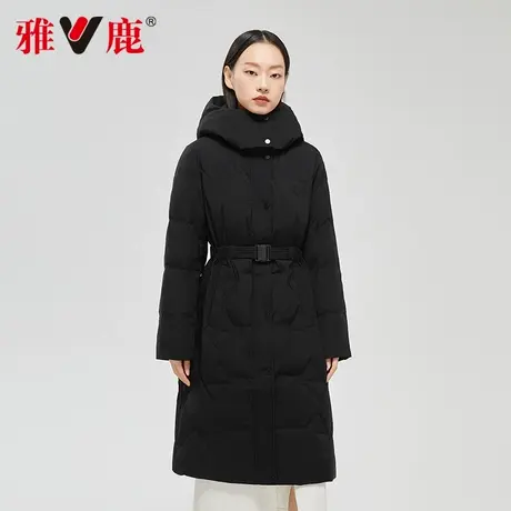 雅鹿官方旗舰店羽绒服女冬2024新款长款过膝收腰黑色连帽鸭绒外套商品大图