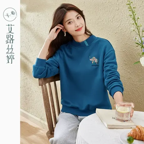 艾路丝婷无帽加绒卫衣女2022冬季新款小象刺绣织带半高领洋气上衣图片