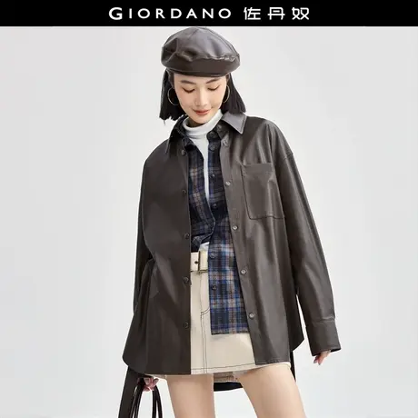 佐丹奴外套女装翻领腰带中长款梭织皮衣外套 18374612图片