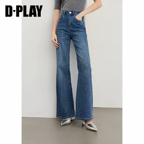 DPLAY2025秋季新款蓝色牛仔裤女气质烫钻微喇裤子弹力长裤喇叭裤图片