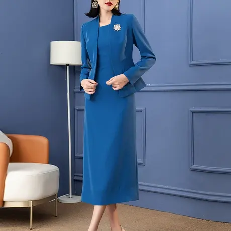 贵妇人秋装两件套2023年新款气质端庄修身显瘦蓝色裙子职业套装女商品大图