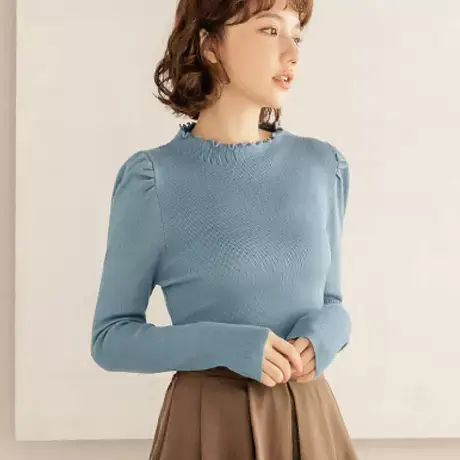 桔熊秋冬简约温暖螺纹针织衫女木耳边半高领长袖上衣大码FA2583图片