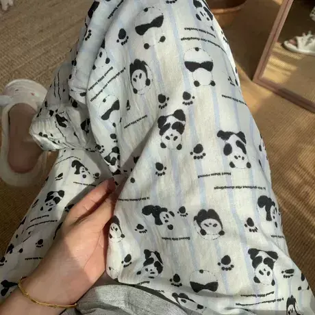 新品！条纹熊猫全棉双层纱长裤可爱卡通家居裤宽松慵懒睡裤可外穿商品大图