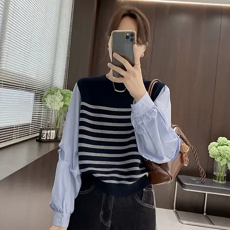 假两件长袖拼接撞色条纹圆领T恤衬衫女秋季新款显瘦百搭休闲上衣商品大图