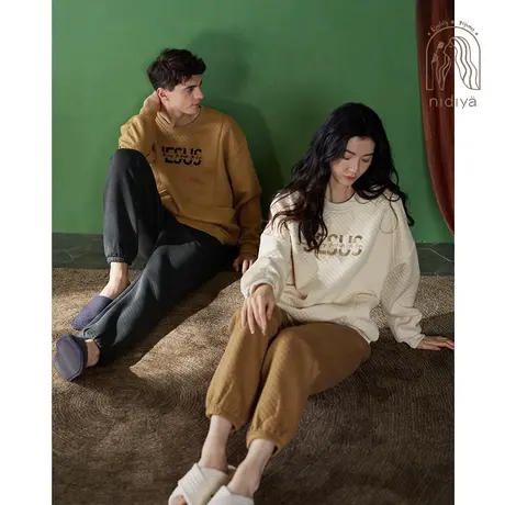 妮狄娅秋冬睡衣女长袖加厚保暖纯棉夹层休闲男运动外穿家居服套装商品大图