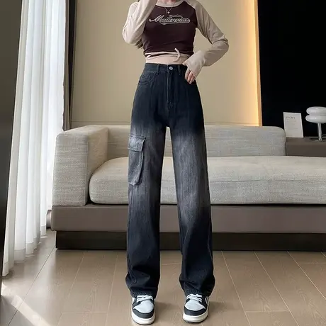 黑色渐变色直筒牛仔裤女高腰春秋新款宽松显瘦窄版美式工装阔腿裤商品大图