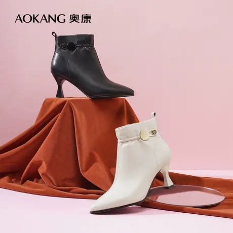 【门店发货】奥康女鞋冬季新款系带真皮时装靴细高跟气质女士短靴商品大图