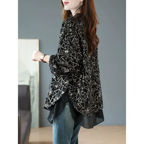 宝诗黎圆领亮片假两件雪纺衫设计感小众宽松上衣女长袖2023年秋季商品大图