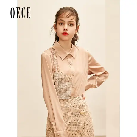Oece秋冬新款女装 沁甜小香风织花格拼接复古翻领长袖衬衫图片