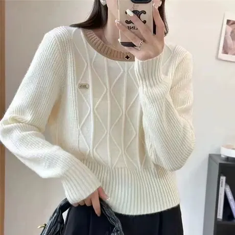 韩版拼色圆领休闲减龄针织衫套头毛衣女装秋冬新品百搭上衣打底衫商品大图