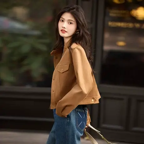 时尚气质外套2023年冬季新款女短款百搭宽松显瘦暗扣立领上衣商品大图