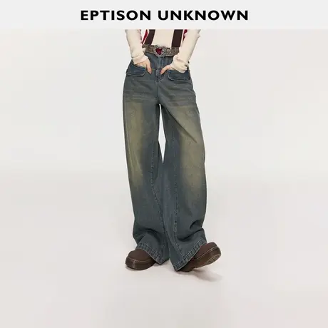 EPTISON牛仔裤女2023年冬季新款美式复古直筒高街小个子拖地长裤图片