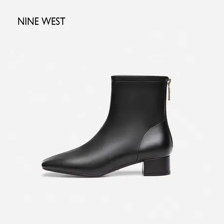 Nine West/玖熙低跟靴子女2023年秋冬新款羊皮显瘦后拉链方头短靴图片