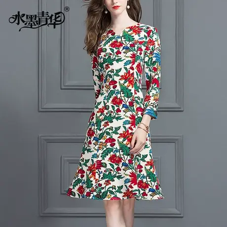 【1件7.9折】春新品通勤女装时尚修身A字裙气质优雅印花连衣裙图片