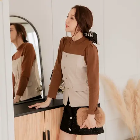 桔熊秋冬季假两件套上衣不对称拼接长袖洋气小衫女神大码AB16585图片