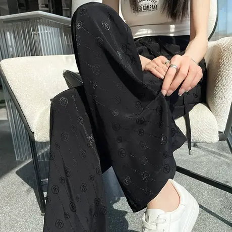 黑色冰丝高腰直筒阔腿裤女夏季薄款垂感宽松防晒提花休闲拖地裤子商品大图