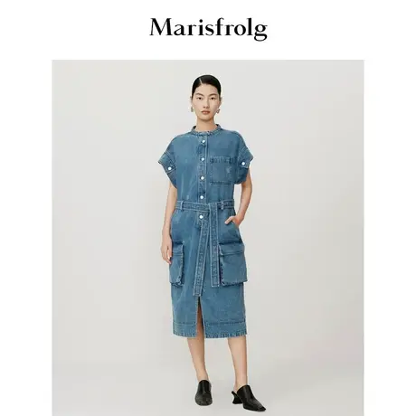 【海洋牛仔系列】玛丝菲尔2023年夏季新款包边袖工装牛仔连衣裙女商品大图