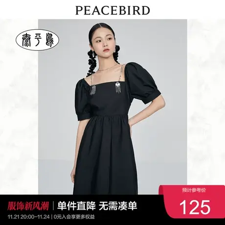 太平鸟国风苗银泡泡袖连衣裙女夏季新款设计感收腰修身小黑裙图片