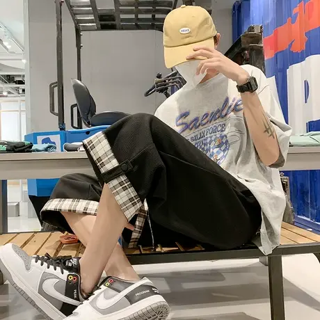 华夫格短裤男夏季七分宽松过膝直筒裤潮流ins休闲裤韩版运动中裤商品大图