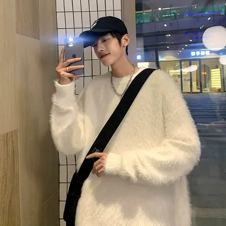 马海毛针织衫春秋季纯色圆领毛衣男港风宽松内搭休闲ins潮流复古商品大图