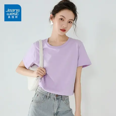 真维斯纯棉短袖T恤女2022新款潮韩版宽松时尚简约纯色打底衫商品大图